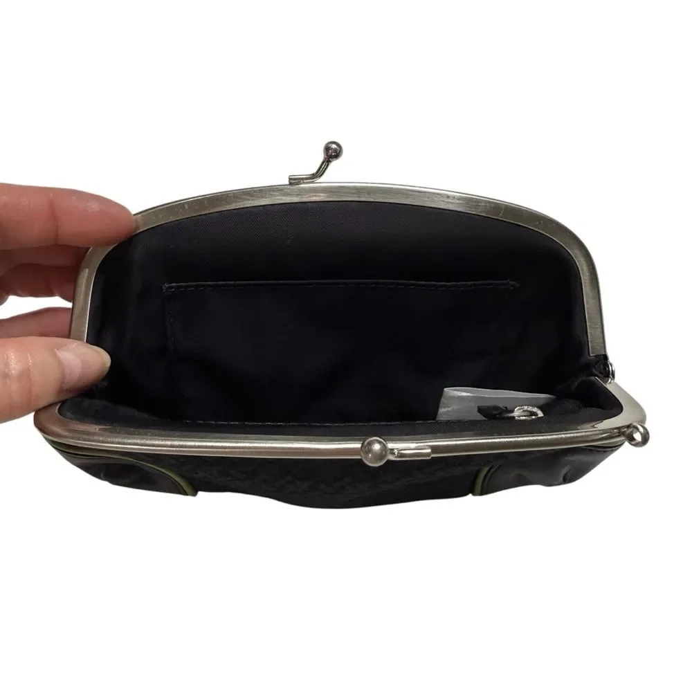 Talbots Leather & Fabric Kiss Lock Mini Clutch Black Green Piping